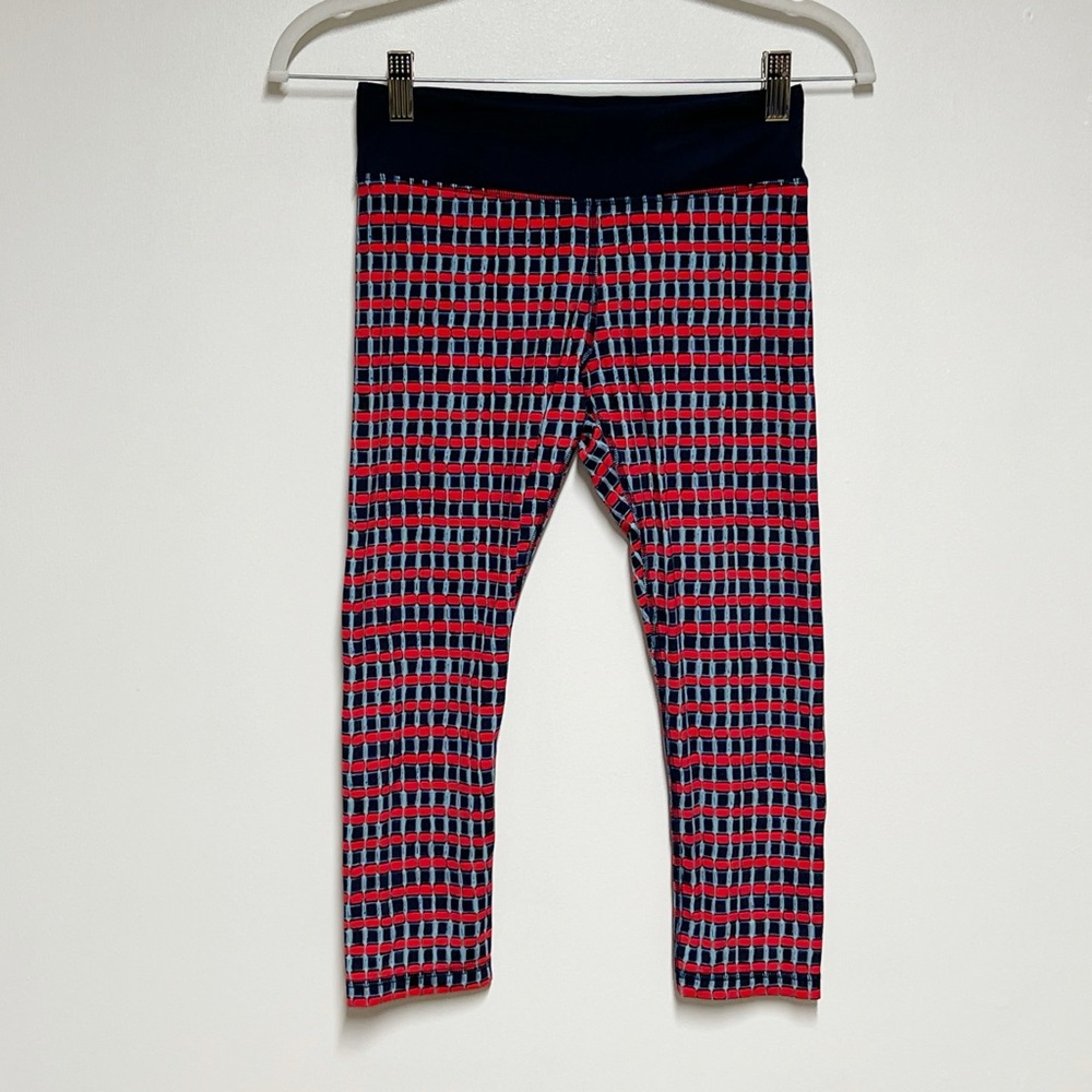 TORY BURCH SPORT Women Navy Blue Red Print Kusari Low Rise Capri Legging Sz S